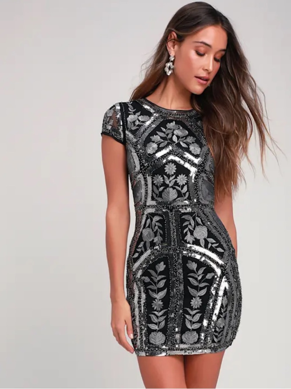 Black and Silver Sequin Embellished Floral Sheath Dress small